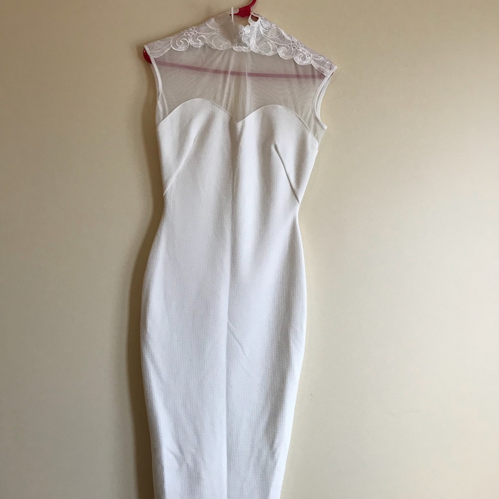 White high neck lace pencil dress.